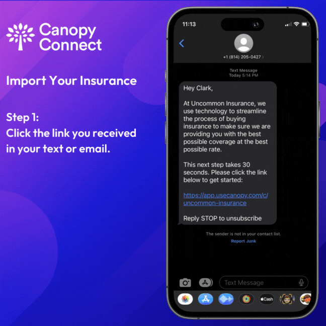Animated walk-through of Canopy Connect: choosing an insurance company, signing in, and the policy details arriving