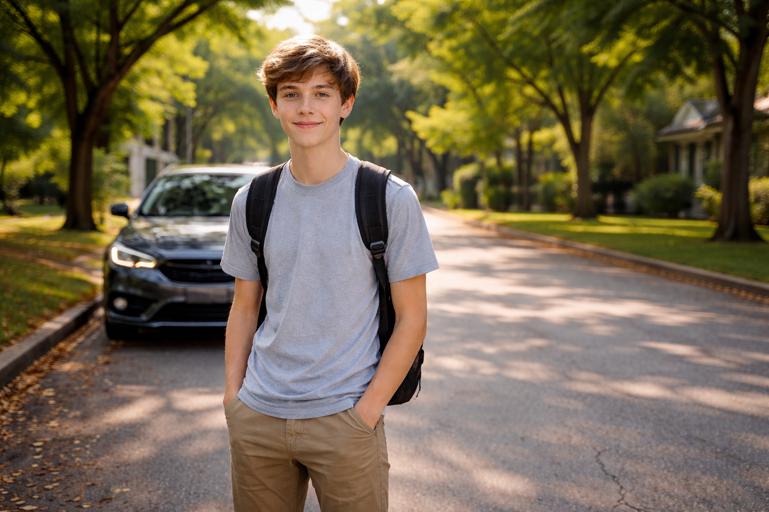 Smiling boy on a sunny street
